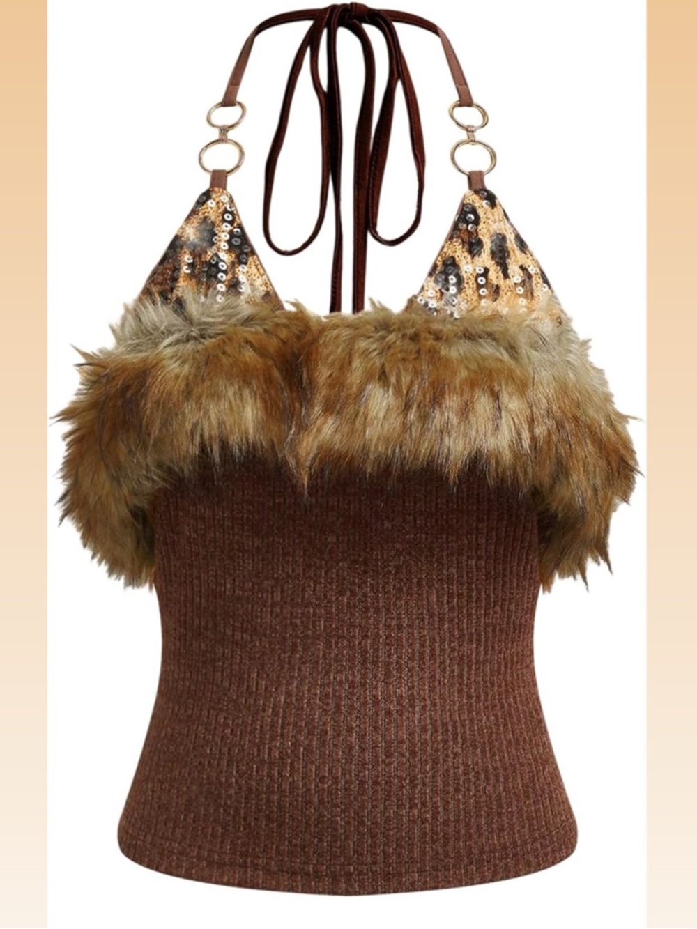 Y2K Faux Fur Trim Brown Halter Knit Crop Top